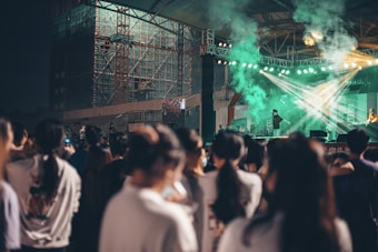 A dimly lit concert scene with a large crowd gathered in front of a stage. The stage is illuminated by bright, green spotlights that create beams of light through the smoke. An artist or performer is on stage, with musical equipment and scaffolding visible in the background.