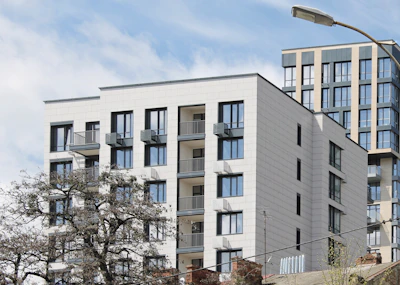 white concrete building near bare trees during daytime