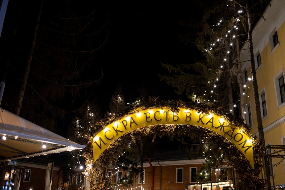 yellow lighted signage near green tree during night time