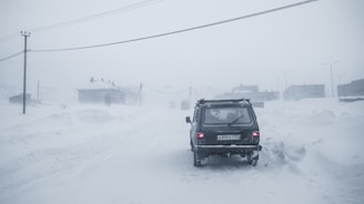 A vehicle is traveling through a snow-covered road during a heavy snowstorm. The visibility is low, and snow heavily blankets the landscape around, with faint outlines of buildings and utility poles visible in the background.