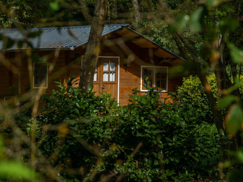 casa de madeira marrom cercada por árvores verdes durante o dia