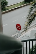 A quiet street scene with a red circular traffic sign displaying Vietnamese text, situated near a sidewalk with green plants and a palm tree partially visible. The area includes paved and grassy sections along the roadside.