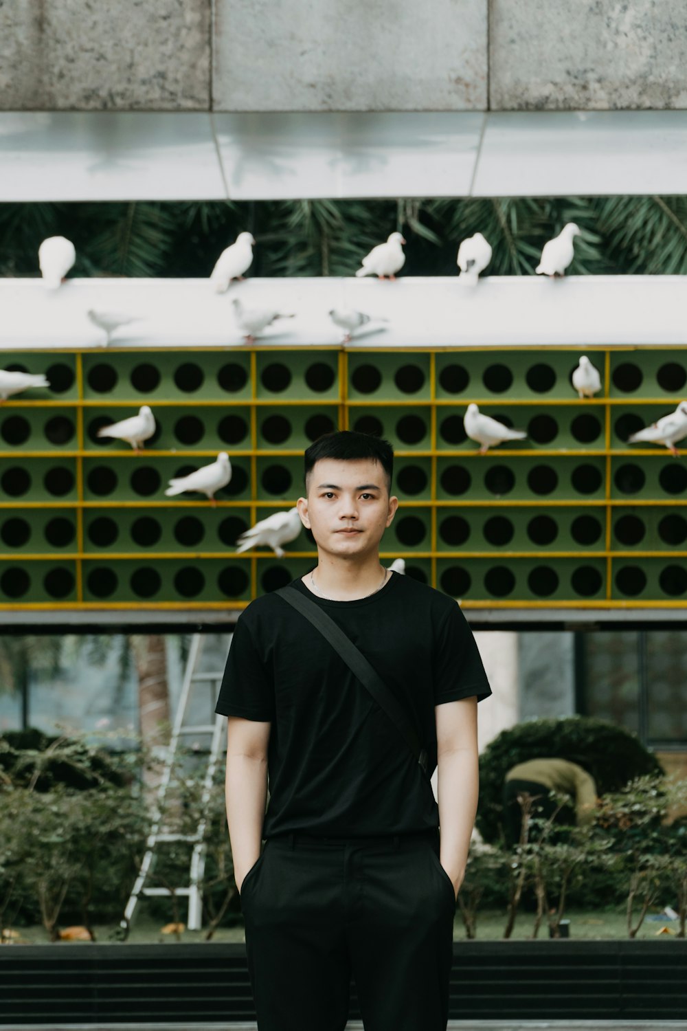 boy in black crew neck t-shirt standing near white bird