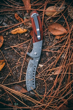 black and silver folding knife on brown dried leaves