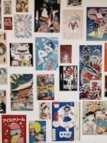A vibrant collage of anime sketches and vintage movie tickets.