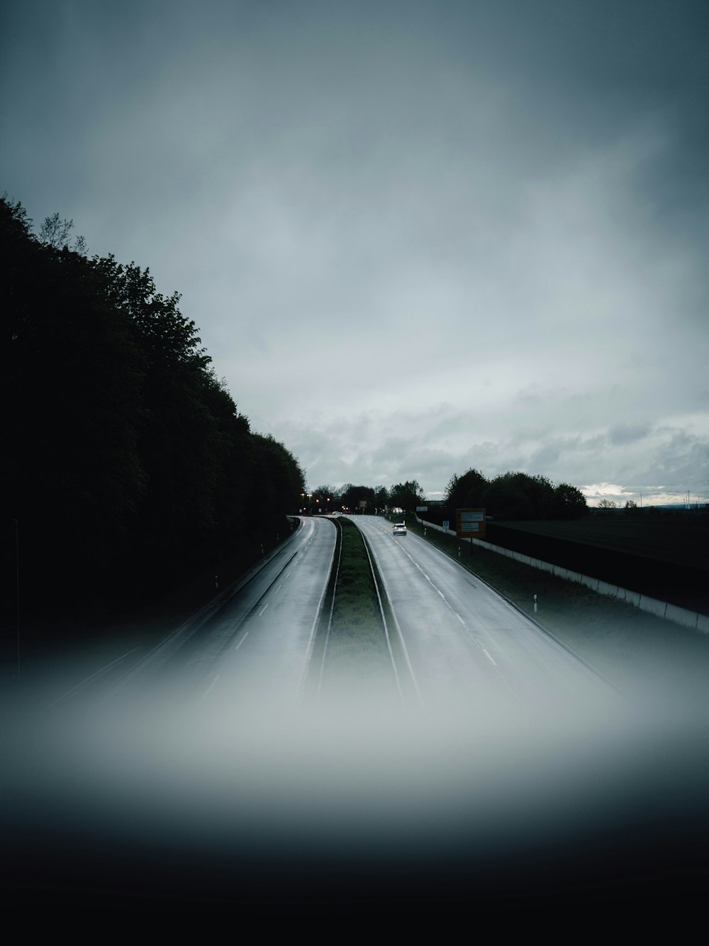 gray asphalt road between green trees under gray sky during daytime