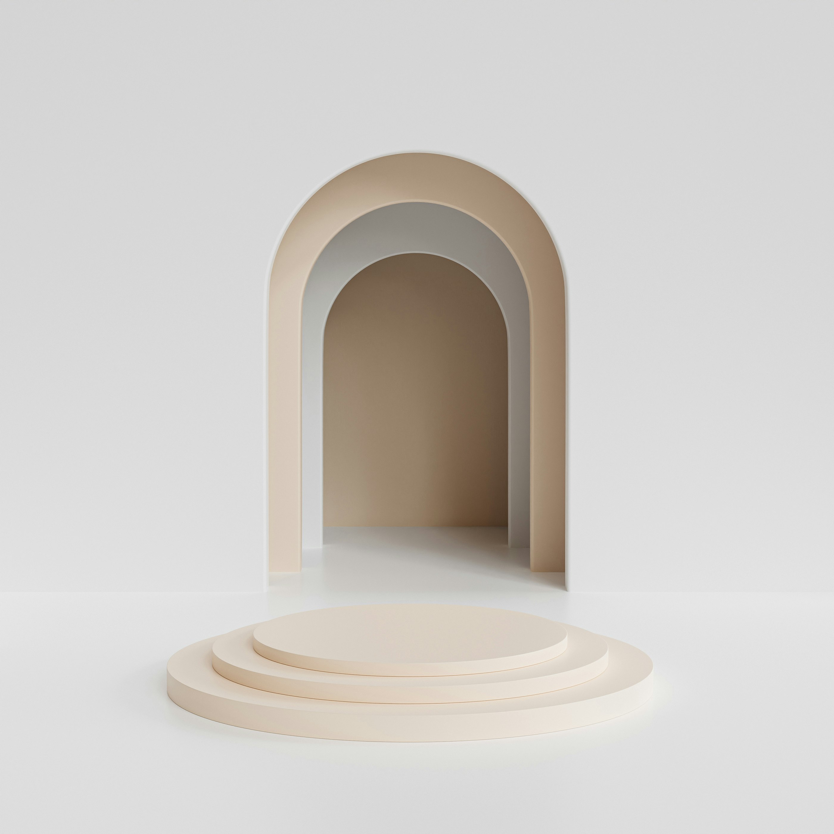 Beige cylinder podium or pedestal for products or advertising near to white empty entrance. 3D minimal rendering.