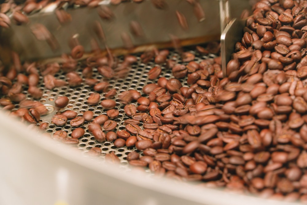 grãos de café marrons na tigela de cerâmica branca