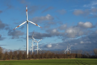 white wind turbine on green grass field under blue sky during daytime