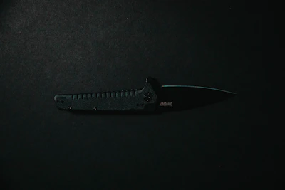 Close-up of a tactical knife with a textured grip lying on a camouflage fabric.