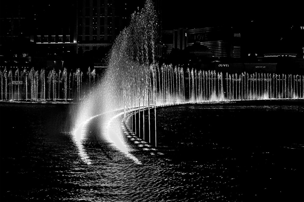 water fountain in grayscale photography