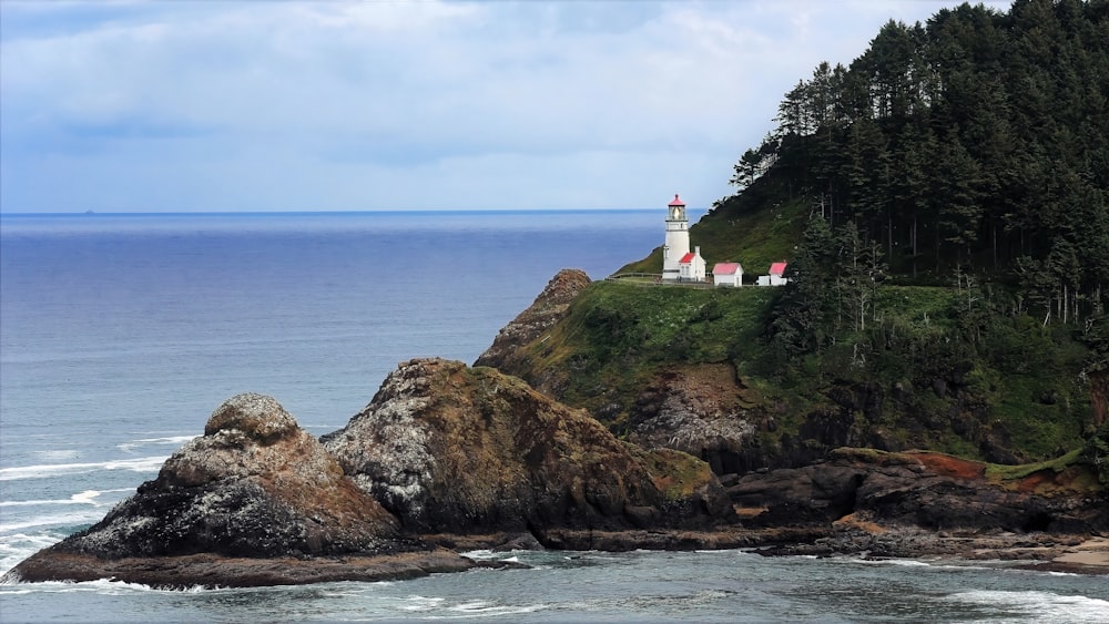 white and red lighthouse on brown rock formation near body of water during daytime