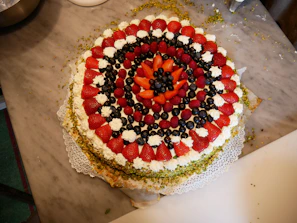 A beautifully arranged dessert featuring Mediterranean flavors and fresh fruit.