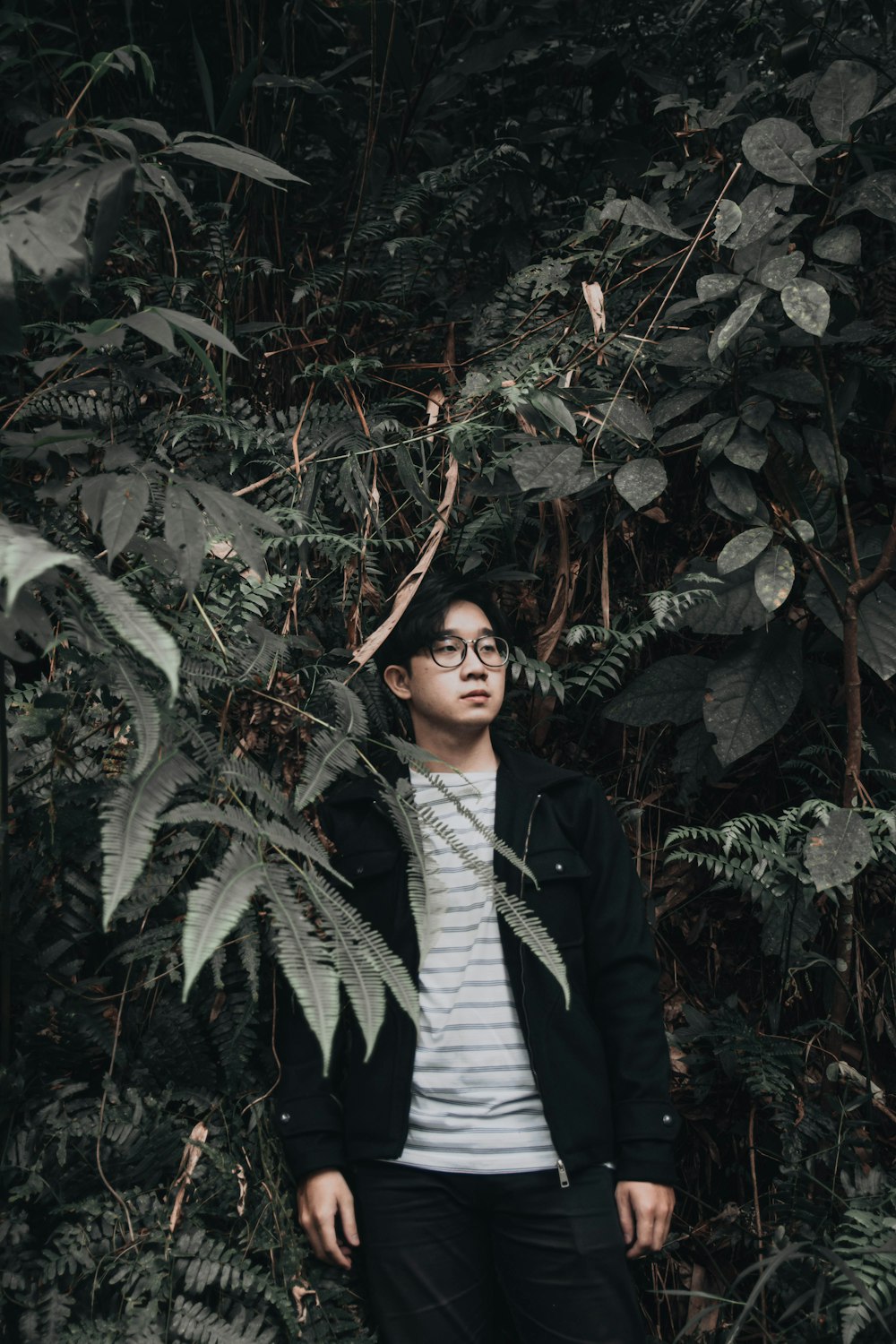 woman in black blazer standing beside green leaves