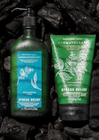 Two Bath & Body Works aromatherapy products featuring stress relief properties are placed against a dark background. The left product is a green bottle of moisturizing body lotion infused with eucalyptus and tea, adorned with water droplets. On the right is a green tube of invigorating body scrub with eucalyptus and spearmint. Both products are surrounded by pieces of black charcoal.