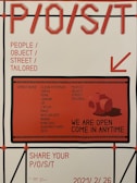 The poster features bold red text on a white background, with the acronym 'P/O/S/T' prominently displayed at the top and 'People/Object/Street/Tailored' listed below. An arrow points to a section promoting street noise artists, and there is an additional message saying 'We are open come in anytime'. Several artist names are also listed.