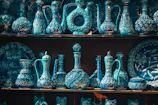 Beautiful blue pottery pieces arranged artistically on a rustic wooden table.