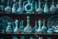 A collection of hand-painted blue pottery pieces with traditional motifs.