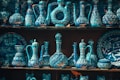 A collection of intricately designed blue ceramic items, including vases, jugs, and plates, each adorned with detailed floral patterns and Arabic script, displayed on wooden shelves.