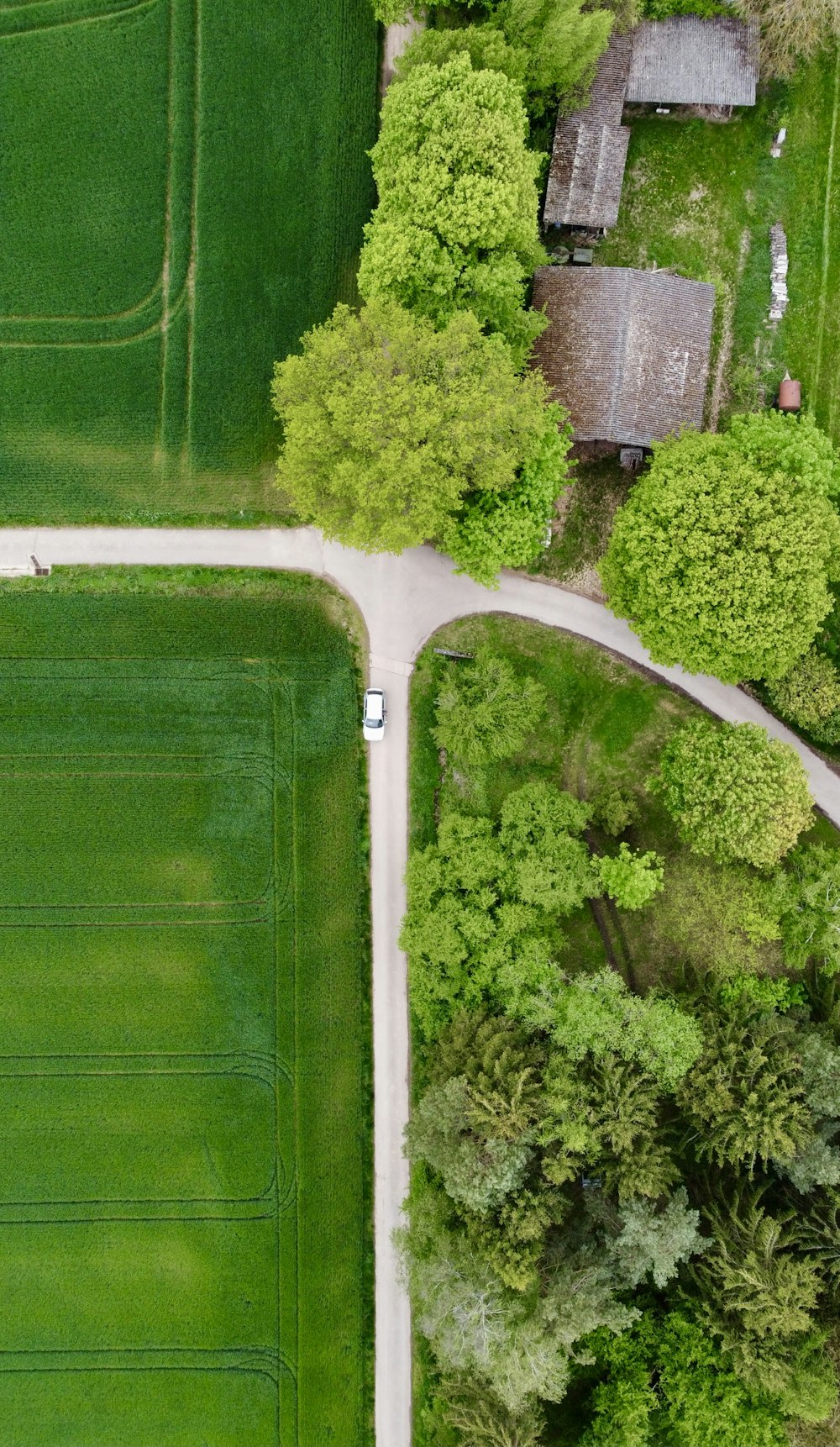 an aerial view of a road in a green field