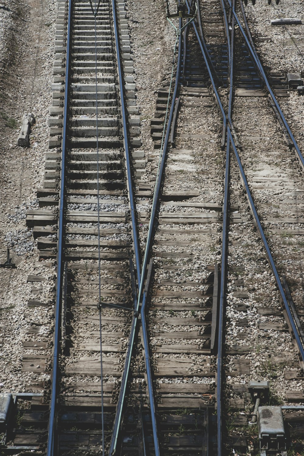 blue metal train rail tracks