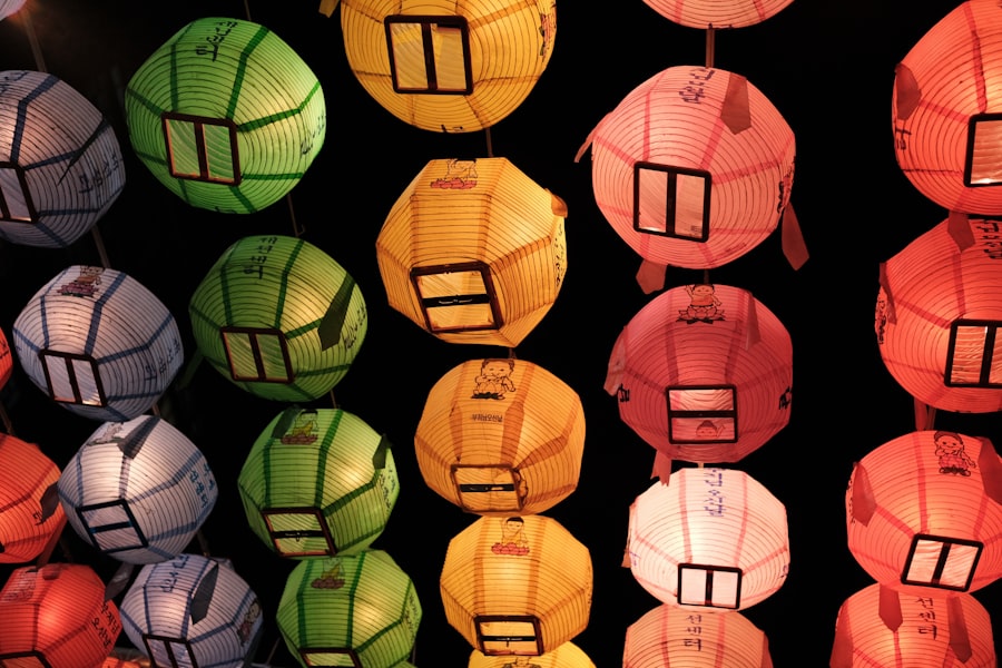Lanterns illuminating monastery grounds during Vesak celebrations