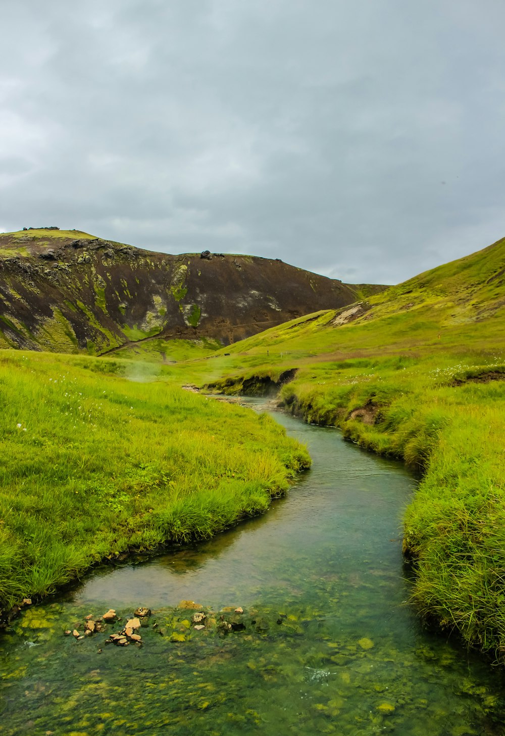 green grass field near river under cloudy sky during daytime