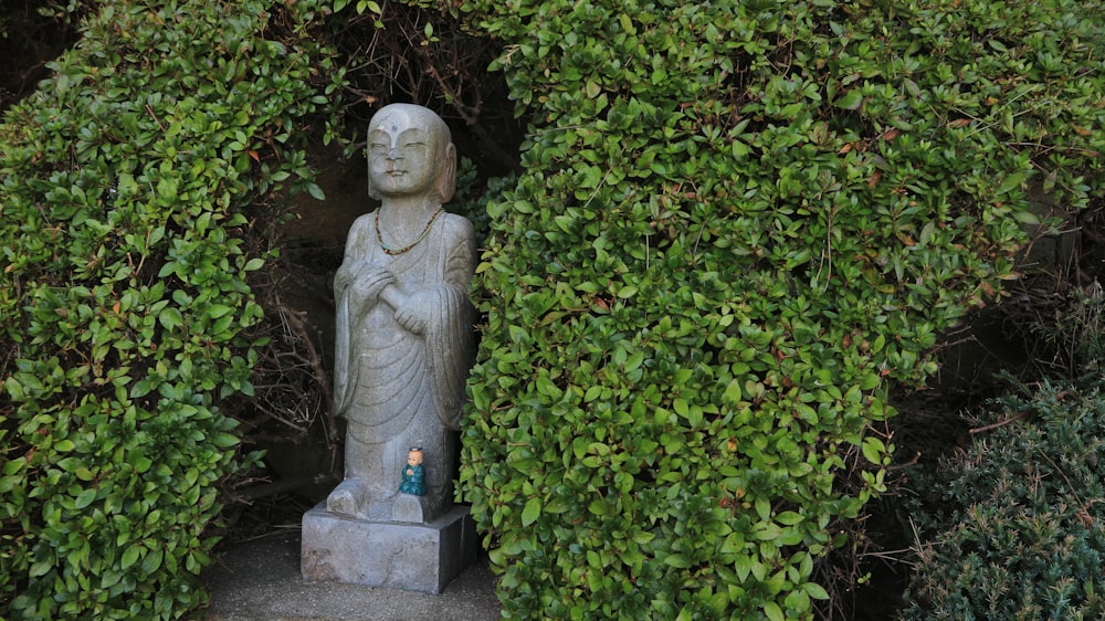 woman statue in the middle of green plants