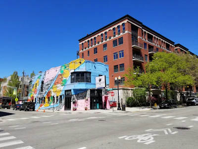 Colorful murals brightening a lively street corner in Schaumburg.