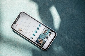 A smartphone displaying an Instagram profile screen lies on a textured teal surface with sunlight casting dappled shadows over the scene. The phone case appears clear with a slight reflection.