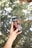 A hand with a geometric nail design holds a smartphone displaying an image of two smiling individuals, one holding a camera. The background is filled with lush green foliage and bokeh light effects, creating a vibrant and lively atmosphere.