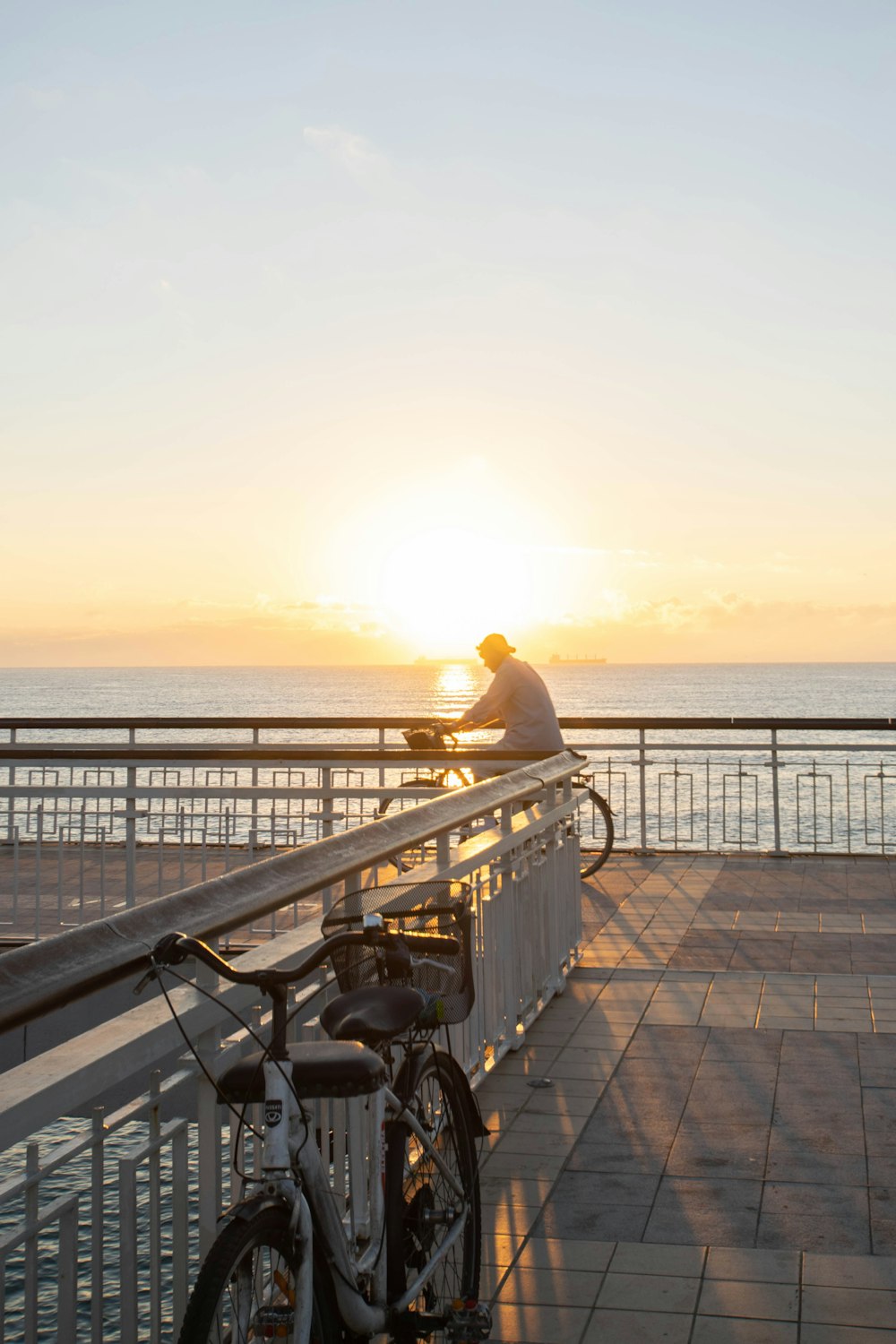 black and gray bicycle parked beside black metal railings near body of water during sunset