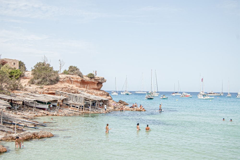 people swimming on beach during daytime