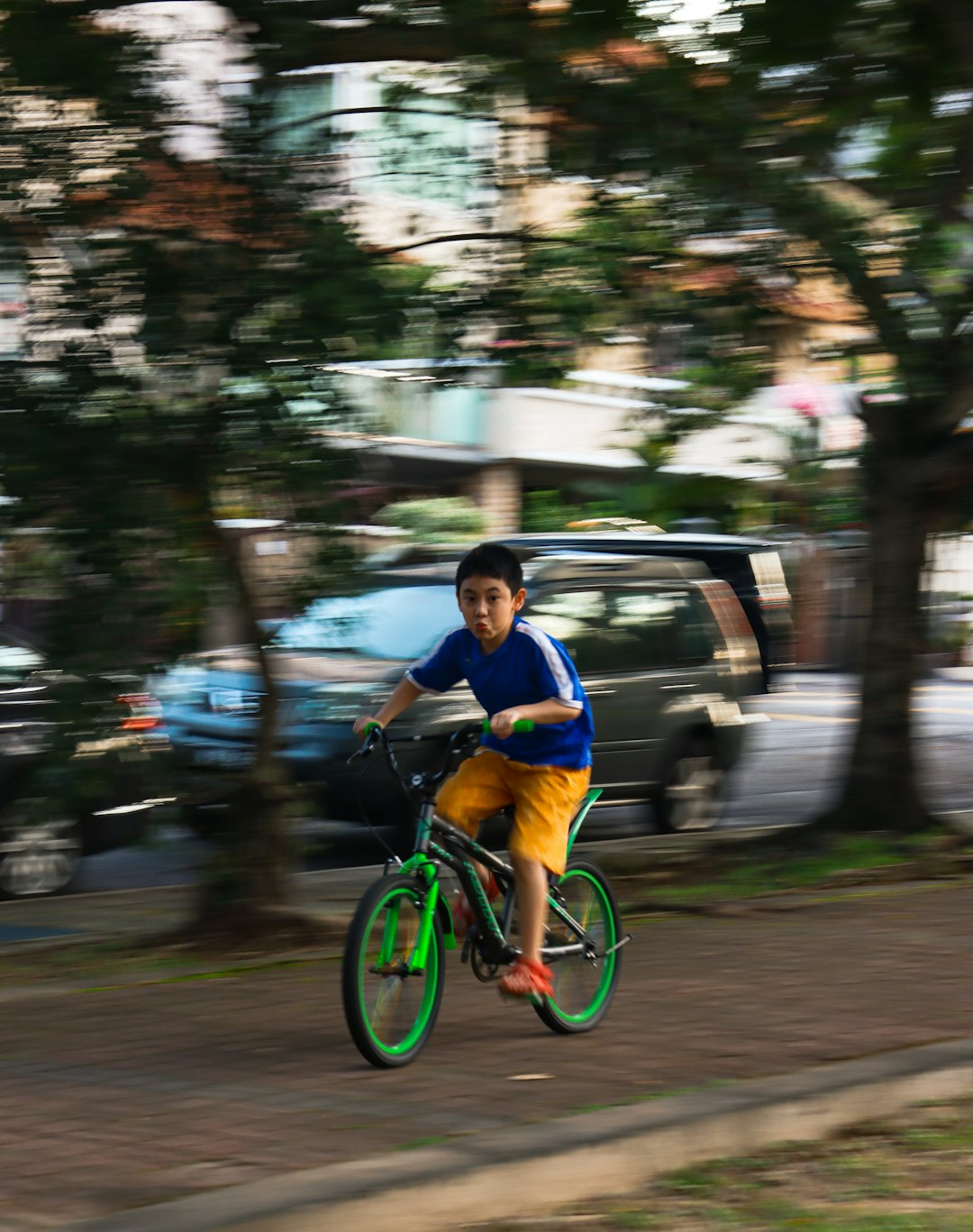 man in blue and white shirt riding on green bicycle during daytime