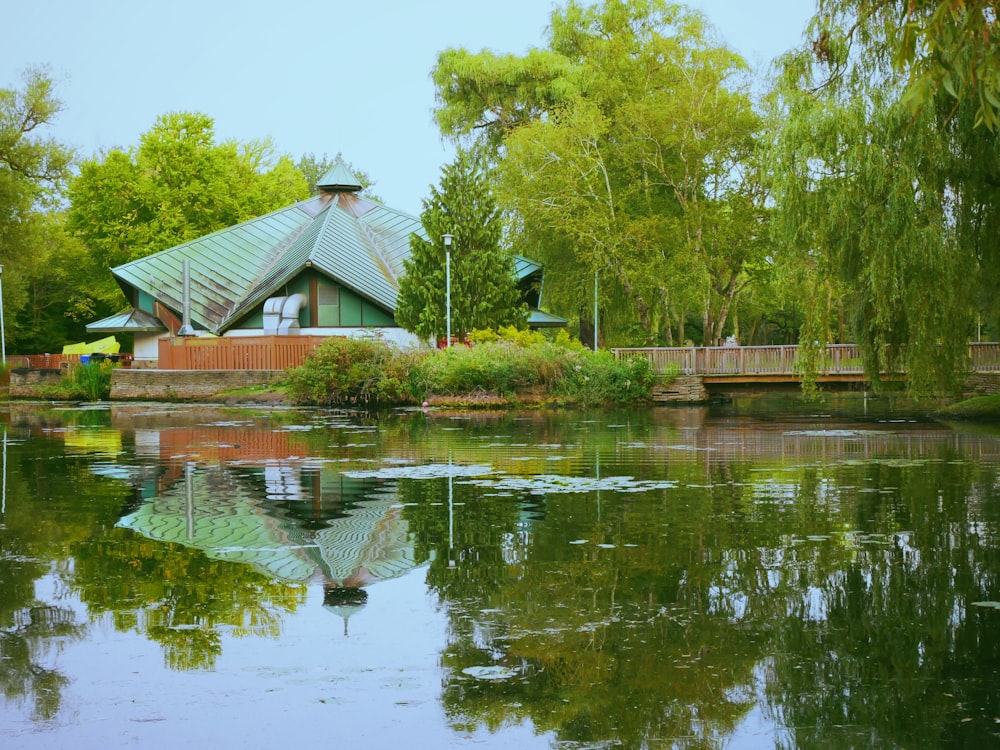 brown and white house beside green trees and river during daytime