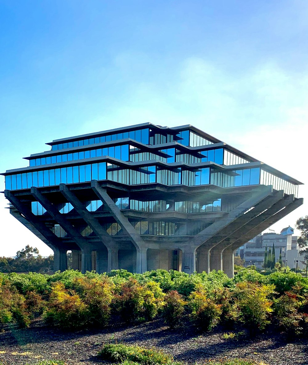 Bâtiment en béton bleu et blanc entouré d’arbres verts sous un ciel bleu pendant la journée