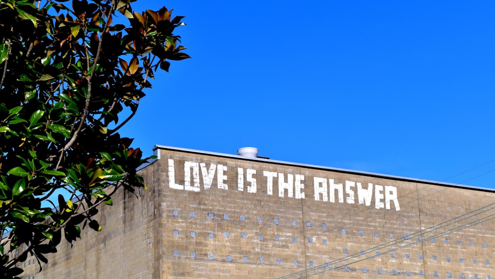 um edifício de tijolos com as palavras amor é a resposta pintada nele