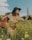 A woman wearing a beige dress and a dark green hat stands in a field of yellow flowers. She holds a red floral-patterned suitcase in one hand and a folded map in the other. The sky is partly cloudy, and there are trees in the background. The scene conveys a sense of adventure or journey.