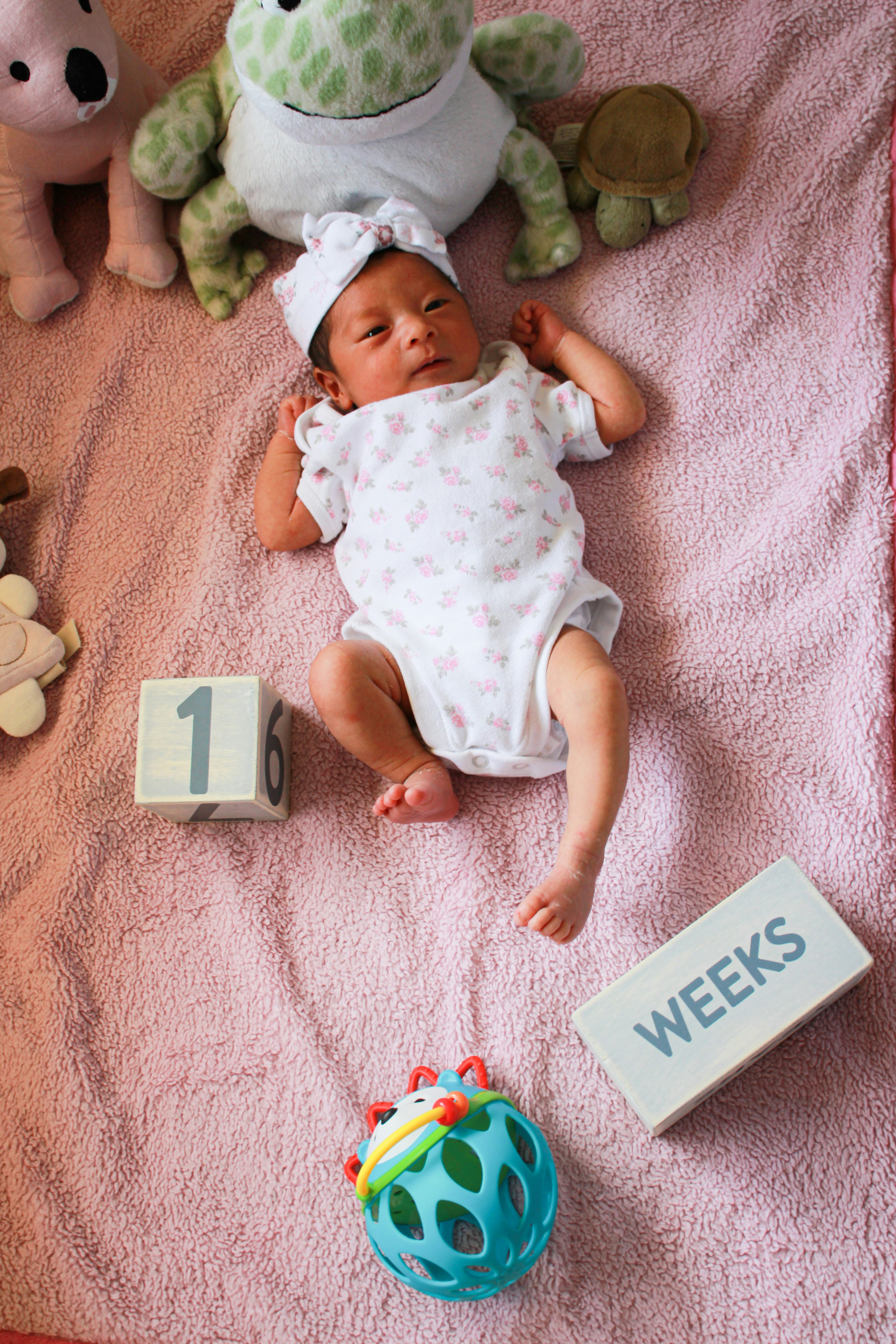 baby in white and pink floral dress lying on pink textile