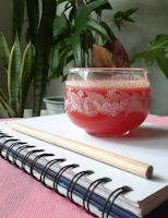 A sunny morning scene with a glass of fresh juice next to a notebook and a small plant.