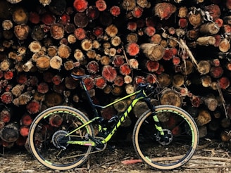 A mountain bike with green and black details is positioned against a large stack of neatly piled logs. The wood appears freshly cut, with red and brown tones visible at the ends, contributing to a rustic and natural setting.