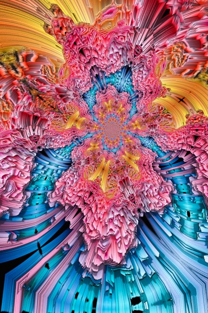 Abstract pink and blue fractal light patterns representing the altered neural connectivity produced during a psilocybin session