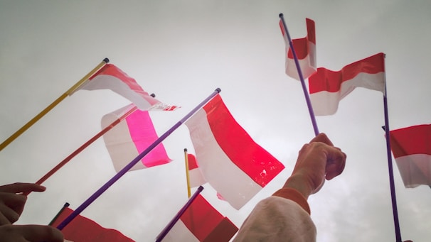 Multiple Indonesian flags are being waved in the air, held by people whose hands and arms are visible. The sky is overcast, creating a bright but diffused lighting effect.