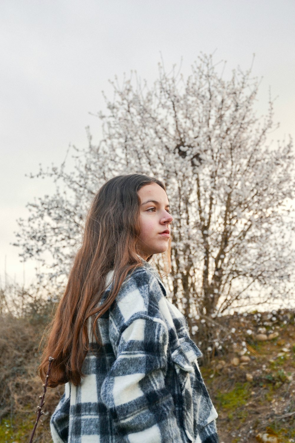 woman in black and white plaid shirt standing near bare trees during daytime