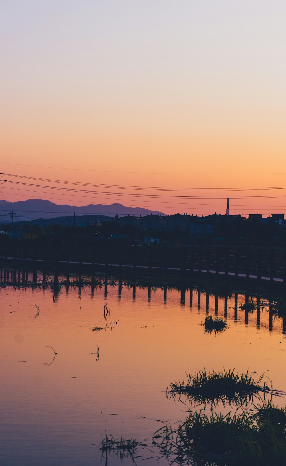 silhouette of bridge over water during sunset