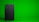 A black, rectangular gaming console stands upright against a vibrant green background. The console has a simple, sleek design with minimalistic features including a disc slot and a few buttons.