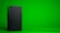 A black, rectangular gaming console stands upright against a vibrant green background. The console has a simple, sleek design with minimalistic features including a disc slot and a few buttons.