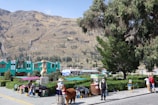 A mountainous landscape in the background with a turquoise building in the middle ground. In the foreground, a woman in traditional clothing holds a colorful alpaca. A statue stands nearby, and there are street vendors with stalls selling various goods under canopies. Trees and people are scattered around the scene.