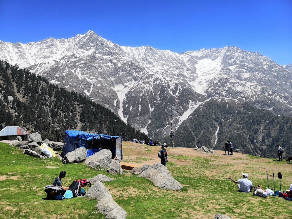 Persone che si siedono sull'erba verde vicino alla montagna coperta di neve durante il giorno