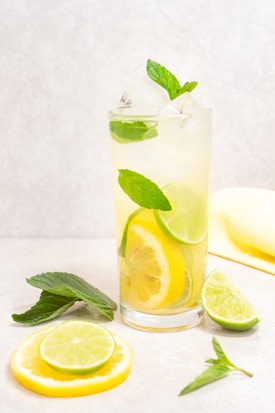 A tall glass filled with a refreshing beverage containing ice cubes, slices of lemon and lime, and sprigs of mint. The glass is placed on a light-colored surface with additional lemon and lime slices along with mint leaves scattered around. The background is a soft, neutral tone.